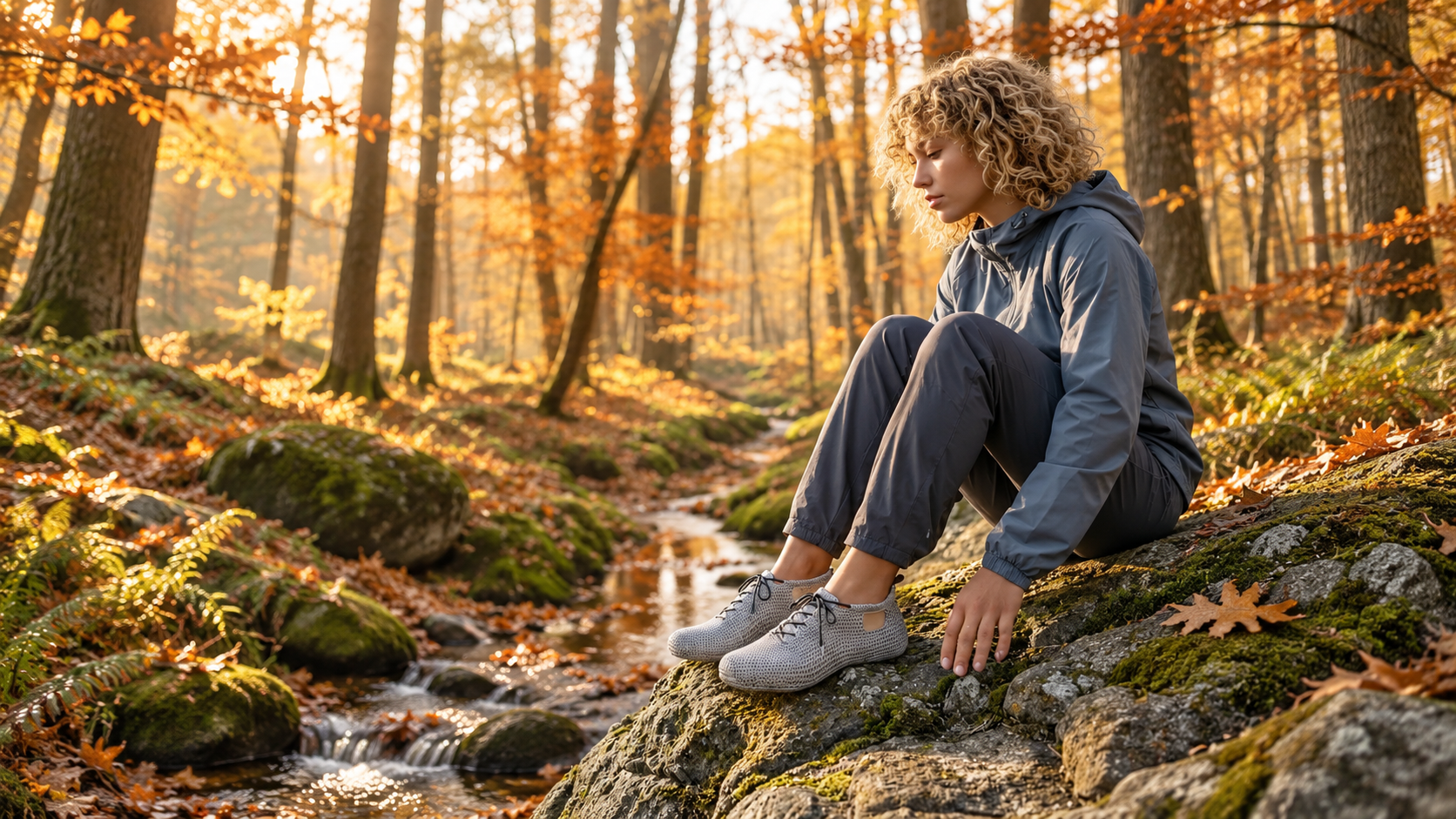 Woman looking away while wearing Foot Heros outdoors beside a forest stream